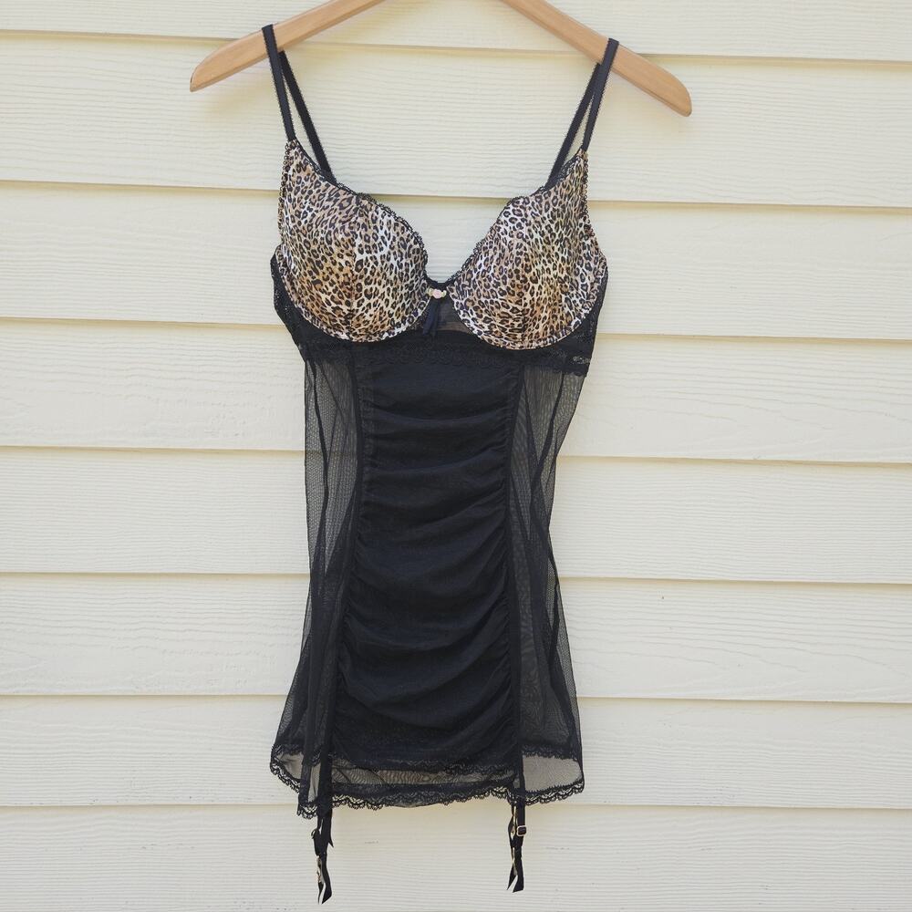 Y2K Victoria's Secret Babydoll Garter Womens 36C Leopard Sheer Ruched Glam
